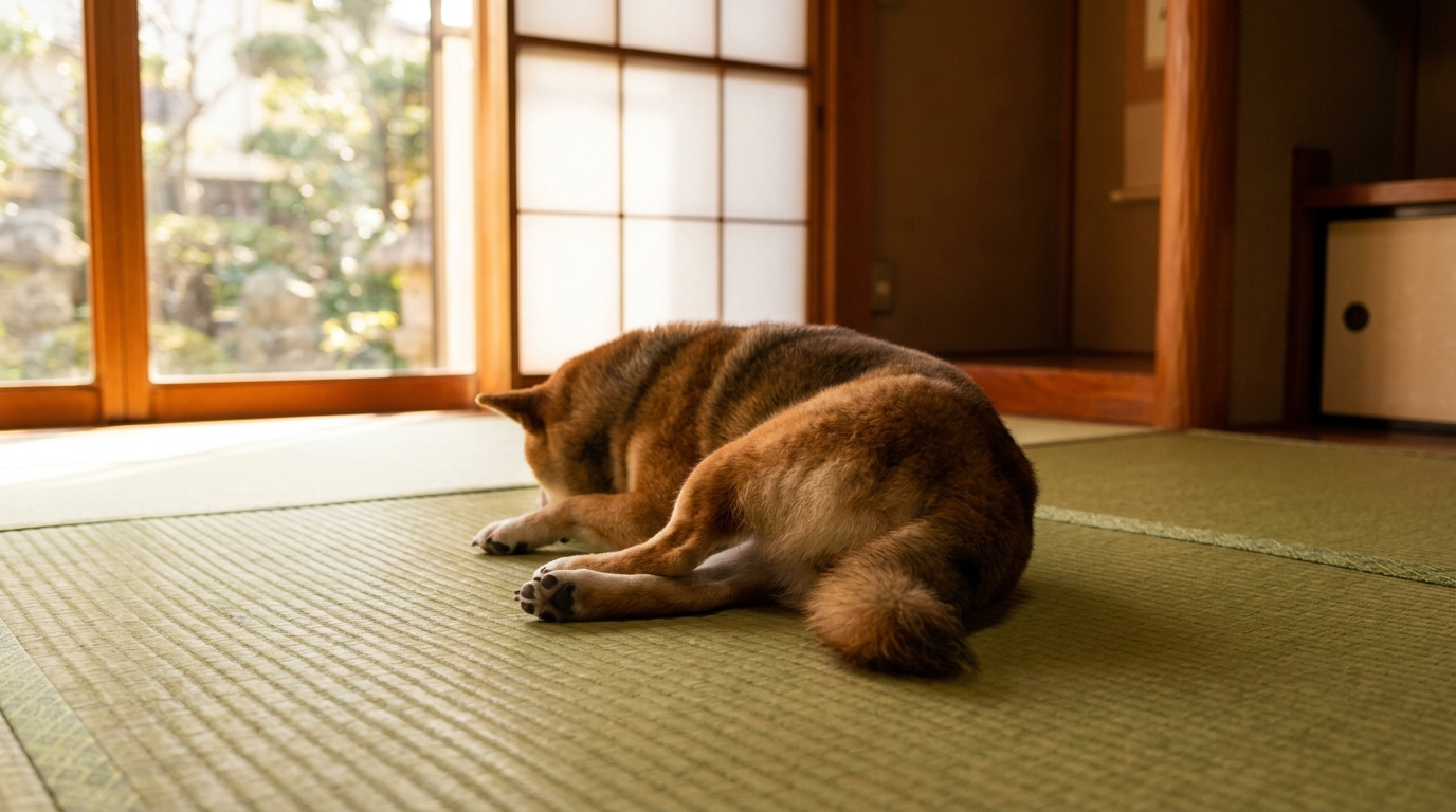 畳の上で寝る犬