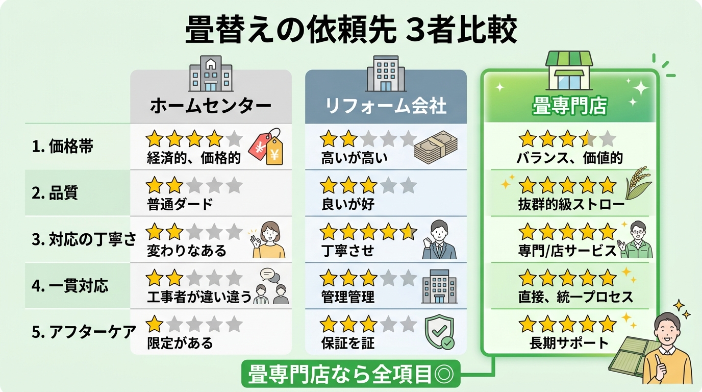 畳替えの依頼先 3者比較