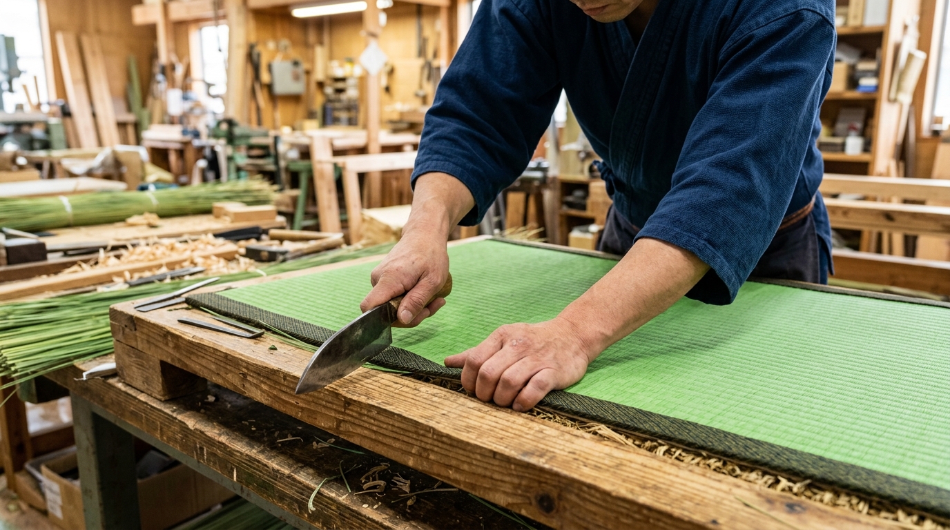 畳職人の加工作業